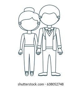 blue contour faceless couple woman with collected hair and man in formal suit with taken hands vector illustration