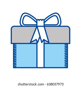 blue contour of gift box with decorative ribbon and topknot vector illustration