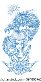 Blue contour image of asian woman in a kimono and dragon. Beautiful template for posters or leaflets with a girl samurai on a white background.