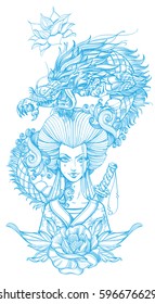 Blue contour image of asian woman in a kimono and dragon. Beautiful template for posters or leaflets with a girl samurai on a white background.