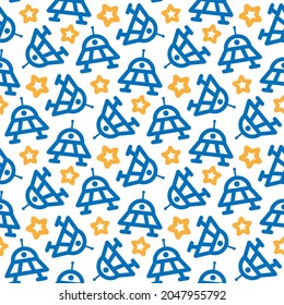 Blue contour linear flying saucers and yellow stars isolated on white background. Cute ufo seamless pattern. Vector simple flat graphic illustration. Texture.