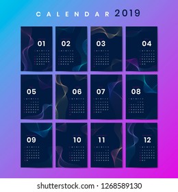Blauer Kontur gemusterter Kalender 2019, Vektorgrafik