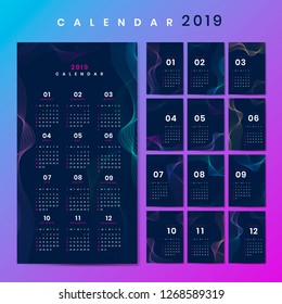 Blue contour patterned calendar 2019 vector