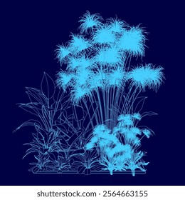 Blue contour plant with a blue background. The plant is full of leaves