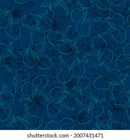 blue contour plums with leaves fruits isolated print hand illustration vector seamless pattern