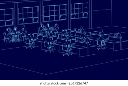 Blue contour room with people sitting at desks. The room is filled with chairs and tables, and there are several people working on their computers