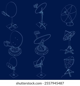 Blue contour satellite antenna silhouette set. Satellite dish global cyberspace connection digital information receiver set isometric vector. Vector illustration