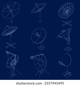 Blue contour satellite antenna silhouette set. Satellite dish global cyberspace connection digital information receiver set isometric vector. Vector illustration