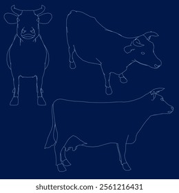 Blue contour set mother cow standing design. Vector illustration