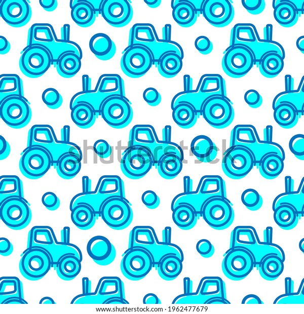 Blue contour\
tractors isolated on white background. Side view. Agricultural\
machinery. Childish cute seamless pattern. Vector simple flat\
graphic illustration.\
Texture.