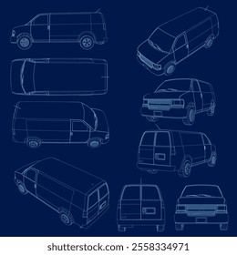 Blue contour van vector illustration. Isolated commercial vehicle on blue background. View from side, back, front and top.