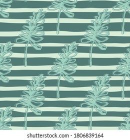 Blue contoured foliage seamles hand drawn pattern. Branches silhouettes on green and light stripped background. Great for wallpaper, textile, wrapping paper, fabric print. Vector illustration.