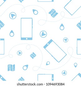 Blue contours of flat smartphones, geotaggings and maps on a white background. Seamless pattern.