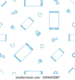 Blue contours of flat smartphones, settings, arrows and locks on a white background. Seamless pattern.