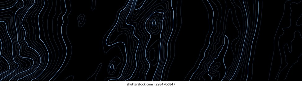 Blue contours on Black color vector topography stylized height of the lines. Сoncept of a conditional geography scheme and the terrain path. Ultra wide size. Map on land vector terrain Illustration.