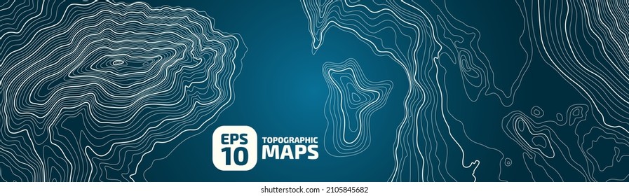 Blue contours vector topography stylized height of the lines. The concept of a conditional geography scheme and the terrain path. Ultra wide size. Map on land vector terrain Illustration.