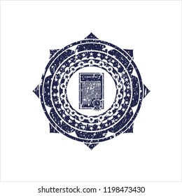 Blue contract icon inside distress rubber stamp with grunge texture