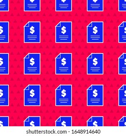 Blue Contract money icon isolated seamless pattern on red background. Banking document dollar file finance money page.  Vector Illustration