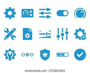 Configuraciones de control azul y conjunto de iconos de configuración del sistema con engranajes, deslizadores, interruptores de palanca, diales de ajuste, herramientas de Asistencia técnica y símbolos de Preferencias de interfaz aislados en blanco.