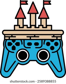 A blue controller with a castle on top of it. The castle is surrounded by flags. The controller is designed to look like a video game controller