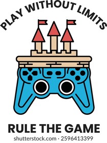 A blue controller with a castle on top and the words "play without limits" written below it