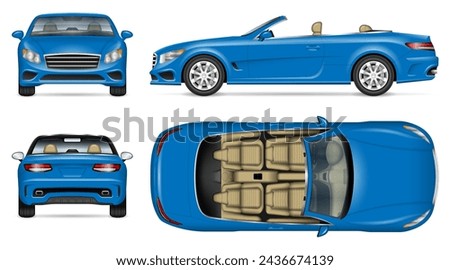 Blue convertible car vector mockup on white for vehicle branding, corporate identity. View from side, front, back, top. All elements in the groups are in separate layers for easy editing and recolor