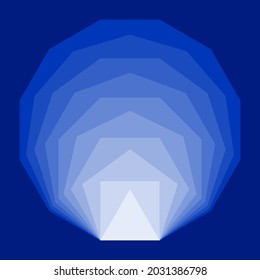 Blaue konvexe, regelmäßige Polygone, die in einander platziert werden. Äquivalente und äquilaterale Polygone mit der gleichen Liniensegmenlänge, von einem Dreieck zu einem Dodegagon, die Mach Bänder zeigen, eine optische Täuschung.