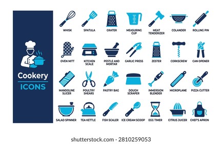 Blue cookery icons set, featuring flat culinary tools, kitchen utensils, restaurant equipment, baking accessories, and chef gear for graphic design.