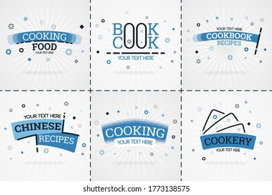 Blue cooking book set for food and recipe magazines. Restaurant menu titles or badges for food stores and restaurants. Minimalist design for recipe banners