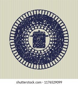 Blue cooking pot icon inside distressed rubber stamp with grunge texture