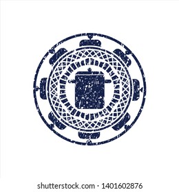 Blue cooking pot icon inside distressed rubber grunge texture stamp