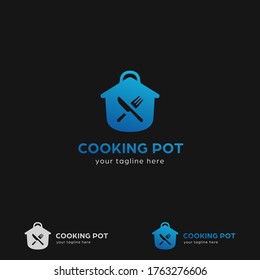 Logo de la olla de cocina azul para restaurante de cocina con símbolo vectorial de receta de comida casera
