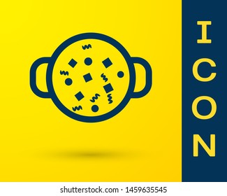 Blue Cooking soup in pot icon isolated on yellow background. Boil or stew food symbol.  Vector Illustration
