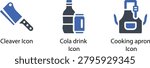 Blue cooking utensils icon set including cleaver knife cola bottle and apron vector illustration
