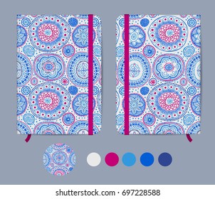 Blue copybook template with elastic band and bookmark with abstract pattern. Australian aboriginal geometric art concentric circles seamless pattern in blue and purple. Mockup. Vector illustration.