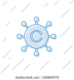 Blue Copywriting network line icon isolated on white background. Content networking symbol. Copyright sign. Copywriting network sign. Vector Illustration