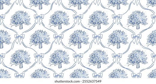 Blue coquette bow and flowers. Floral damask seamless pattern for fabric, wallpaper, cover, wrapping paper. Botanical classic elegance print Vector isolated on white background