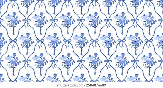 Blue Coquette Bows and Flowers. Floral damask seamless pattern for fabric, wallpaper, cover, wrapping paper. Botanical classic elegance print Vector isolated on white background