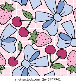 Blue coquette bows strawberries and cherries seamless pattern.  Girly Print for wallpapers, fabric prints, stationery, gift wrapping, or digital backgrounds
