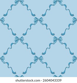 Blue coquette trellis seamless pattern. ribbon bow background, fabric , wallpaper, wrapping texture
