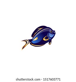 Blue coral fish with yellow lines. Vector illustration in the flat cartoon style