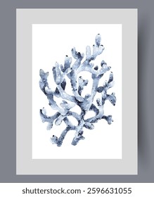 Blue coral growing on ocean floor and attracting divers who love underwater world on print. Watercolor poster. Artwork with coral from marine flora or fauna, in frame with decor for wall art