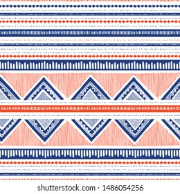 Blue and Coral Hand Drawn Tribal Stripes and Zigzags Vector Seamless Pattern. Stylized Dense Ethnic Geo Cloth Textured Background. Graphic Print Perfect for Fashion Home Decor.