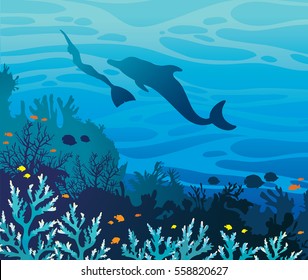 Blue coral reef with fishes and silhouette of freediver in monofin and dolphin on a sea background. Underwater vector illustration. Funny freediving.