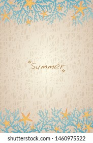 Blue coral reef and orange starfish on brown color background vector for decoration on summer holiday events.