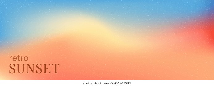 Blue coral retro sunset gradient backdrop with grain noise texture. Soft blur, gradation, mesh, fluid tones blend across warm pastel surface. Vector. Template for banner, poster, wallpaper overlay.