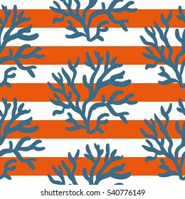 Blue corals on the striped nautical background. Vector seamless pattern with tropical reef. Nautical doodles.