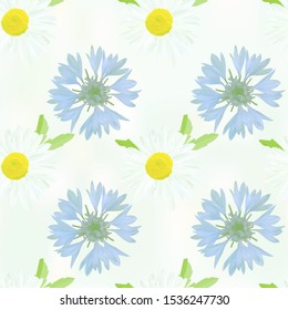 Blue cornflower and white Daisy flower in the misty haze on gray blue abstract background, geometric pattern, seamless texture, vector.