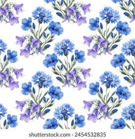 Blue cornflowers, flax and purple delphinium flowers on a white background, in the watercolor illustration style