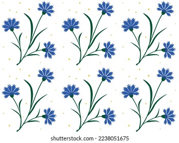 Blue cornflowers with green stems and leaves on a light blue background suitable for tiles, wrapping paper or fabric. Vector illustration.